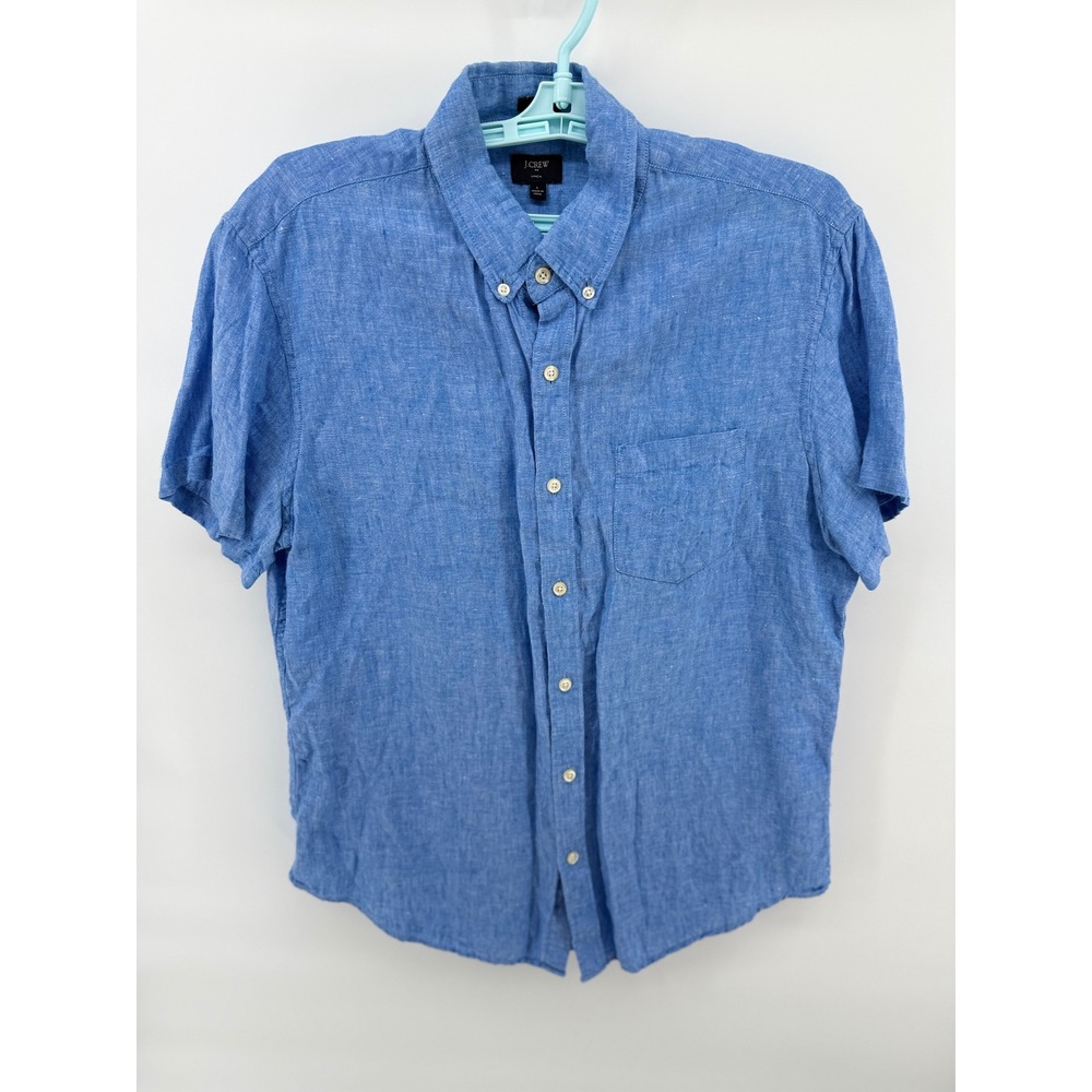 J.Crew Mens Large Slim Blue 100% Linen Short Sleeve Button Down Shirt